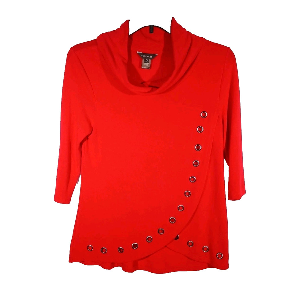 MULTIPLES Sweater Cowl Neck Grommets Wrap Style PM Red Lightweight Rayon Twee